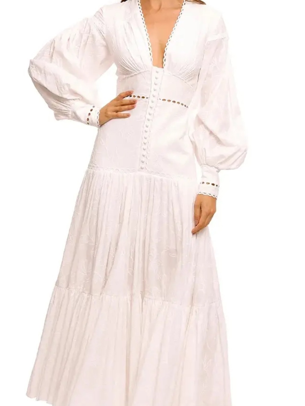 BCBG White Long Sleeve V-Neck Maxi Dress